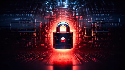 A red glowing lock is surrounded by a black background. The lock is surrounded by a red glow, which gives the impression of a powerful and secure system. Concept of importance and protection