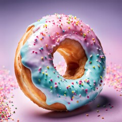 Appetizing donut adorned with variety of colorful sprinkles, on serene pink backdrop, enticing with its tempting appearance. For advertising campaigns, menus, social media platforms, culinary book.