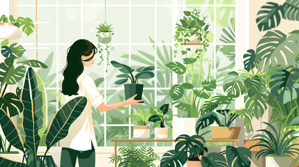 gardening home. Girl replanting green pasture in home garden.indoor garden,room with plants banner Potted green plants at home, home jungle,Garden room gardening, Plant room, Floral decor