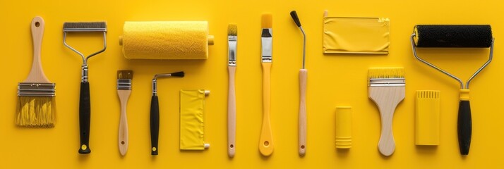 A variety of painting tools including brushes, rollers, and sponges arranged on a yellow background.