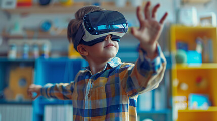 Side view portrait of little boy wearing VR headset and reaching out while testing augmented technology in school laboratory, copy space