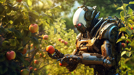 A robot is shown picking an apple from a tree. The robot is wearing a backpack and has a metal head. The scene is set in a lush green forest with many trees and apples