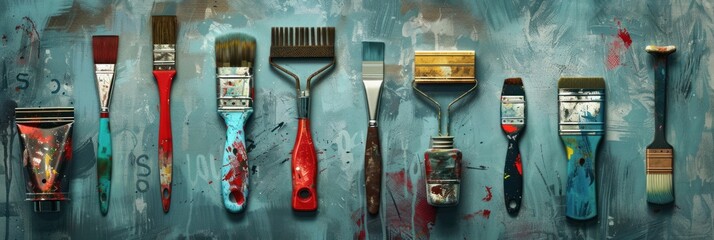 A blue surface with various sized paintbrushes lined up next to each other. - obrazy, fototapety, plakaty
