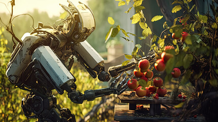 A robot is picking up apples from a table. The robot is white and has a black head. The scene is...