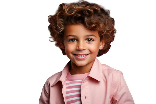Happy smiling of a little kid with curly hair, cheerful joyful cute little boy isolated on transparent background