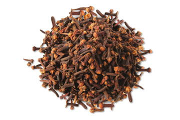 heap of dried spice clove aromatic flower bud in cutout transparent background,png format,top view     