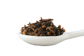 dried spice clove aromatic flower buds in spoon,cutout transparent background,png format     