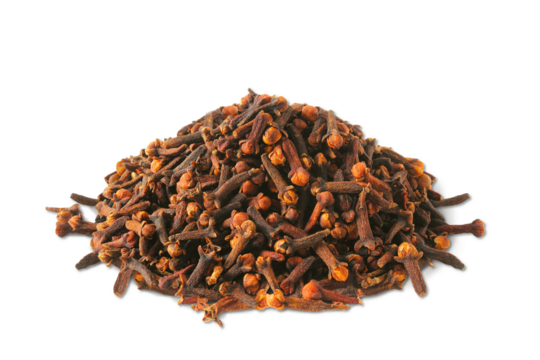 heap of dried spice clove aromatic flower bud in cutout transparent background,png format,top view     