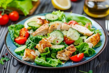 Caesar Salad with Chicken, Croutons, Tomatoes, Cucumbers on Blue Plate, Green Salad with Parmesan