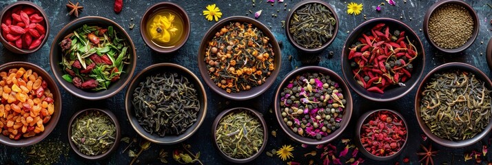 Herbal Tea Mixes Set Top View Flat Lay on Natural Background. Dry Organic Healthy Tea Leaves,...