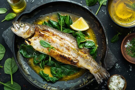 Branzino or Seabass Fillet with Bisque Sauce and Spinach with Grilled Spigola or Sea Bass on Dark Stone