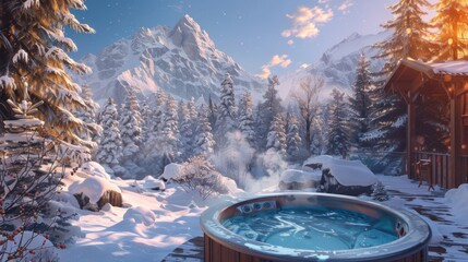 Winter resort with a hot tub - obrazy, fototapety, plakaty