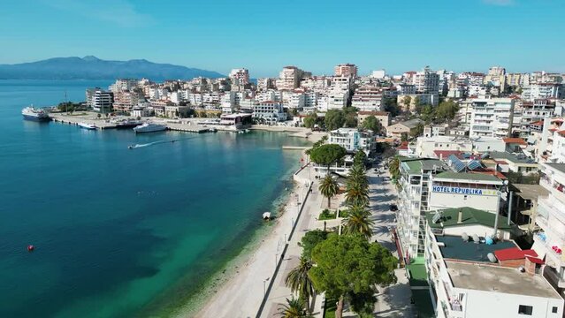 Aerial view over Sarande promenade  in Albania