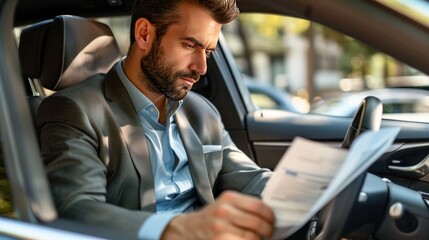 Surprised male professional finding right information in papers in salon of business car. Euphoric business man reading documents in modern car. Happy businessman feeling happy in automobile. - obrazy, fototapety, plakaty