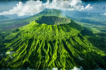 Fotobehang Breathtaking Aerial View of Lush Green Volcanic Mountain Landscape under Dramatic Sky © pisan
