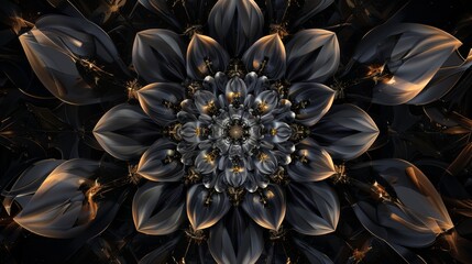 Symmetrical Black and Gold Floral Pattern Close-up - obrazy, fototapety, plakaty