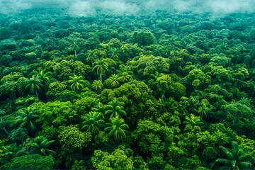 Naklejka na ściany i meble Enchanting Aerial View of Lush Green Tropical Rainforest Canopy under Misty Skies