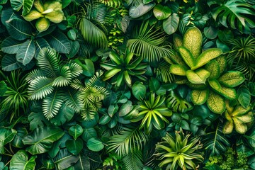 Lush Green Foliage Texture Background - Tropical Leaves Patterns with Varied Species and Vibrant Nature Detail - obrazy, fototapety, plakaty