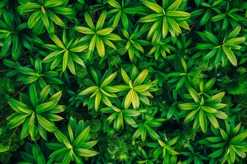 Lush Green Foliage Top View - Dense Jungle Leaves Background Texture for Vibrant Nature Concepts - obrazy, fototapety, plakaty