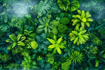 Lush Green Tropical Foliage Background with Vibrant Leaf Textures and Sunlight Rays - obrazy, fototapety, plakaty