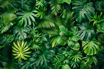 Fototapeta na wymiar Vibrant Green Tropical Monstera and Palm Leaves Background for Nature Concepts