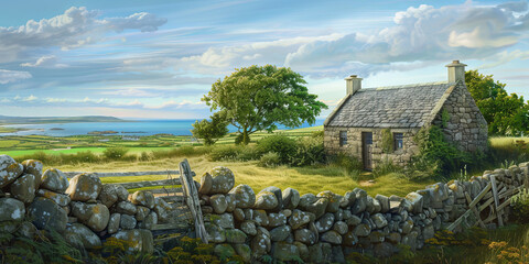stone cottage in the irish countryside, generative AI - obrazy, fototapety, plakaty