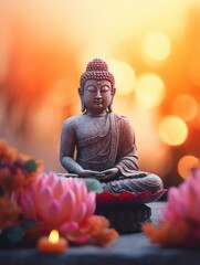 Buddha statue. background blurred flowers and sky with the light of the sun and copy space - generative ai