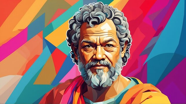 Democritus portrait colorful geometric shapes background. Digital painting. Vector illustration from Generative AI