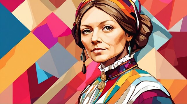 Florence Nightingale portrait colorful geometric shapes background. Digital painting. Vector illustration from Generative AI