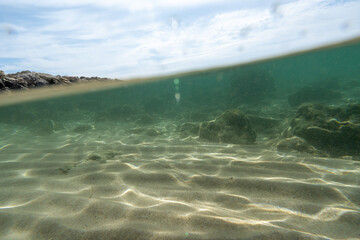 Split photography rock green underwater. High quality photo
