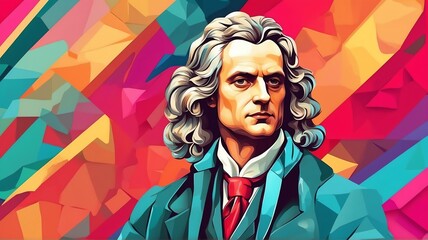 Isaac newton portrait colorful geometric shapes background. Digital painting. Vector illustration from Generative AI