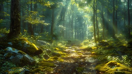 an ancient forest, a road cuts a path, dappled sunlight filtering through the leaves. Moss-covered rocks line the edges