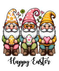 Easter Gnome SublimatioWatercolor happy easter cute cartoon gnome and eggs illustration. Colorful...