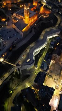 Aerial view of a Gothic-Romanesque cathedral in Lleida, an ancient city in Spain