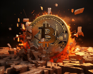 A broken or cracked Bitcoin. Concept of a cryptocurrency market crisis - 762829537