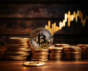Stacks of Gold Bitcoin Coins and Chart Background. Virtual cryptocurrency concept