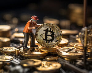 Miniature people worker working of bitcoins. Cryptocurrency mining concept - 762829580