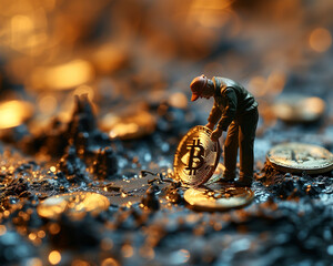Miniature people worker working of bitcoins. Cryptocurrency mining concept