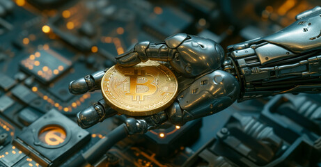 Cryptocurrency Digital Blockchain technology. Robot arm holding golden coin symbol of bitcoin
