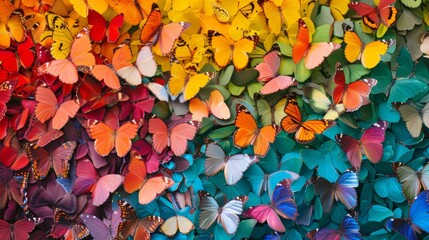 A colorful pattern made up of multicolored morpho butterflies, arranged to mimic the sequence of rainbow colors, serving as a vibrant texture background