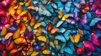 A colorful pattern made up of multicolored morpho butterflies, arranged to mimic the sequence of rainbow colors, serving as a vibrant texture background