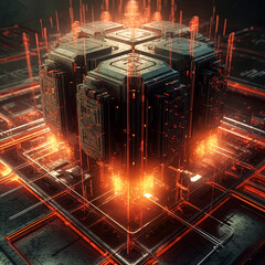 A cube made of metal with red glowing lights on it. The cube is surrounded by a grid of squares and...