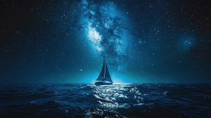 Fotobehang A sailor on a vast ocean, surrounded by the stars of the Milky Way above, hyper realistic © weerut
