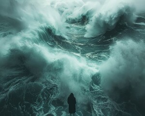 A person stands at the edge of a vast, stormy sea, facing turbulent waves The clouds above mirror their inner turmoil Realistic, Overcast, - obrazy, fototapety, plakaty