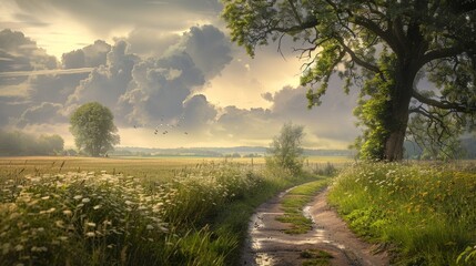 A countryside scene capturing the tranquility and freshness following a storm, evoking a sense of renewal and calm - obrazy, fototapety, plakaty