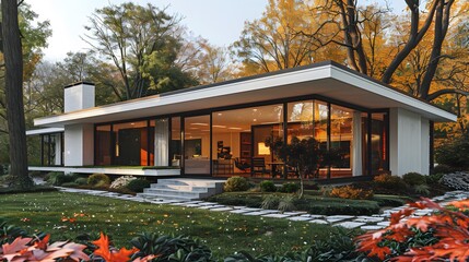 a white mid-century modern house exterior, with clean lines, expansive windows, and minimalist landscaping, portrayed in stunning 16k resolution.