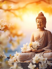 Buddha statue. background blurred flowers and sky with the light of the sun and copy space - generative ai