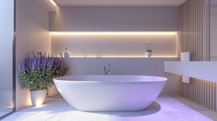 Serene bathroom with a touch of lavender, a freestanding tub, and recessed LED lighting