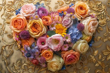 A heart-shaped arrangement of vibrant flowers placed against a luxurious gold background, creating a harmonious and elegant display of love and beauty