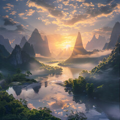 Fototapeta na wymiar Spectacular Sunrise over Tranquil River and Verdant Mountains - An Ethereal Landscape Photography